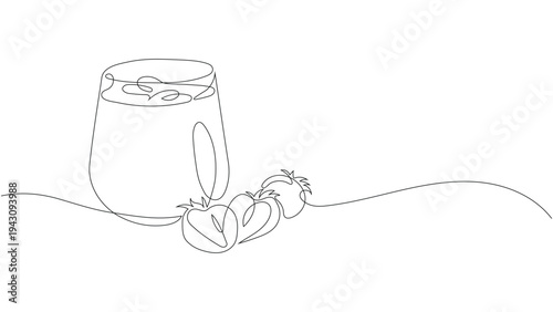 Continuous One Line Drawing of Strawberry Smoothie in  Glass with Berries. Editable stroke