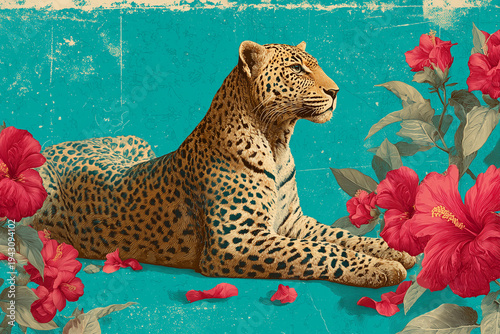 Vintage drawing of leopard animal print pattern wildlife mammal flower