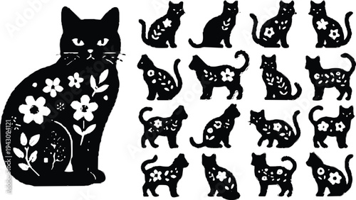 Elegant black cat silhouette with intricate white floral patterns and matching puzzle grid of decorative cats, creative design for art, illustration, and stock photography.