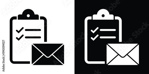 Clipboard checklist with an envelope icon. Professional vector graphic symbolizing order confirmation, email reporting, business surveys, and document processing notifications.