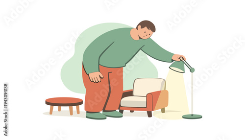Man fixing a lamp in a living room with furniture