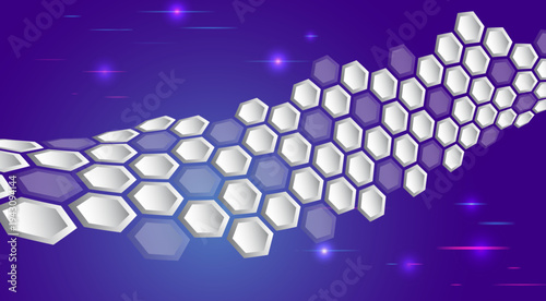 Abstract futuristic background with hexagonal grid pattern and glowing purple gradient, representing digital networks, data connections, technology innovation, and modern high-tech systems.