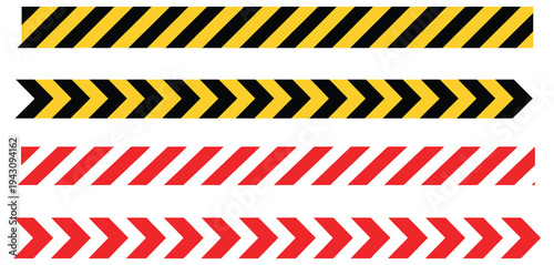 Barricade tape warning stripes vector set, seamless pattern for construction zones, hazard warnings, safety signage, and protective visual communication, suitable for digital design, infographics, and