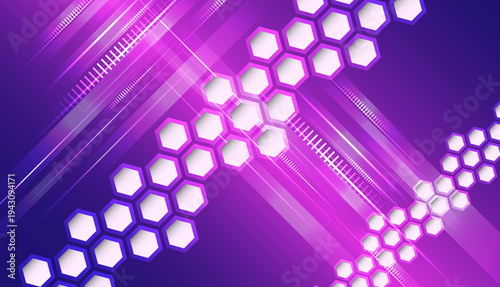 Abstract purple technology background with hexagonal digital grid and glowing lines, symbolizing data networks, innovation, connectivity, and futuristic high-tech systems.