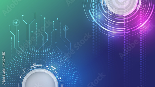 Futuristic technology background with digital circuits, glowing circular HUD interface, and global datasphere, symbolizing connectivity, innovation, smart systems, and modern high-tech networks.
