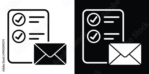 Clipboard checklist with an envelope icon. Professional vector graphic symbolizing order confirmation, email reporting, business surveys, and document processing notifications.