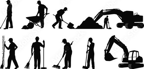 Silhouettes of construction workers and excavators performing tasks on a white background Keywords: construction, workers