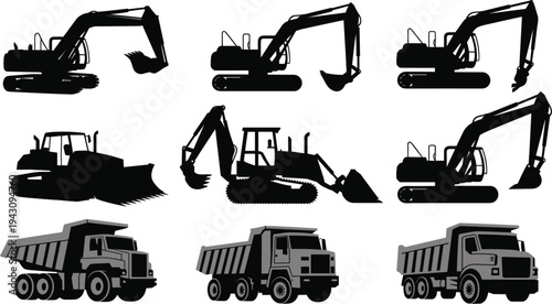 Silhouettes of Construction Vehicles Including Excavators Bulldozers and Dump Trucks excavator silhouette
