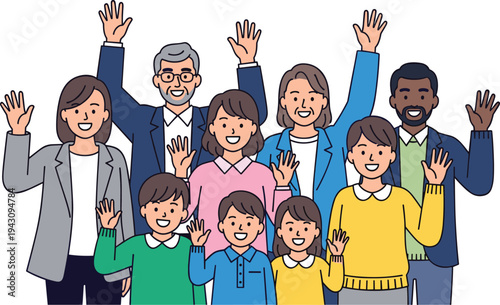 Diverse Family Group of All Ages Waving in a Friendly and Welcoming Gesture