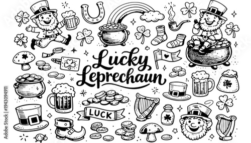 Leprechaun icon illustration with lucky symbols and St. Patrick's Day elements