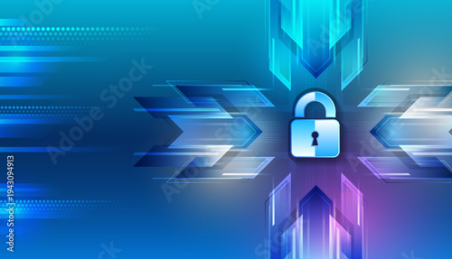 Cyber security concept with digital lock on futuristic technology background with glowing lines and data flow, symbolizing encryption, network protection, and secure information systems.