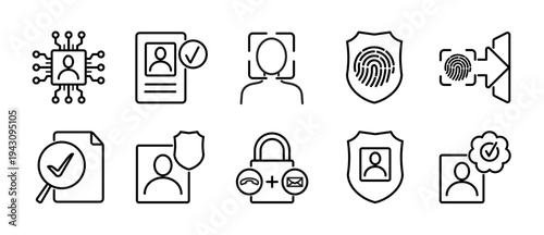 Digital Identity and Verification Line Icons Set
Minimal outline icon collection representing identity verification, biometric authentication, secure profile, document check, and identity protection.