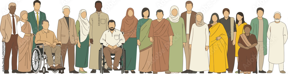 Obraz premium Diverse Group of People Representing Various Cultures, Genders, and Abilities in a Unified Community Illustration