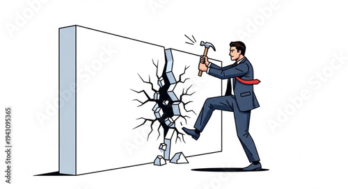 Man Breaking Through Wall with Hammer.
