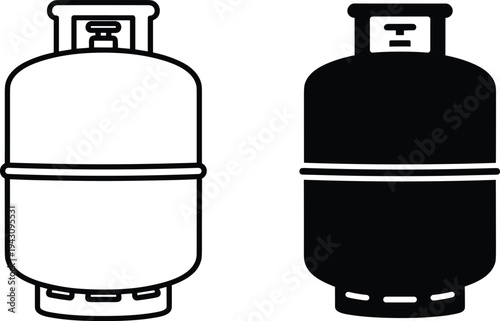 Propane gas cylinder icons in black outline and solid silhouette style, safety signage illustration for energy, fuel storage, industrial use, and household applications