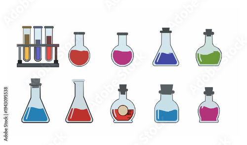 Chemical experiment glass tubes and alchemy flasks vector illustration icon set