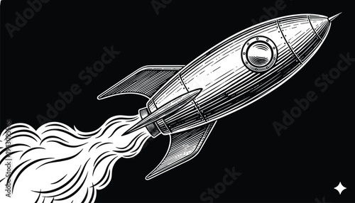 Retro black and white rocket ship illustration flying through outer space with flames and exhaust trail, vintage style space exploration artwork symbolizing adventure and innovation