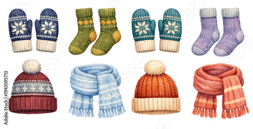 A charming watercolor collection of cozy winter accessories featuring knitted hats, scarves, socks, and mittens with festive patterns.