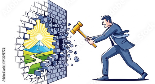 Man Breaking Wall with Sledgehammer.