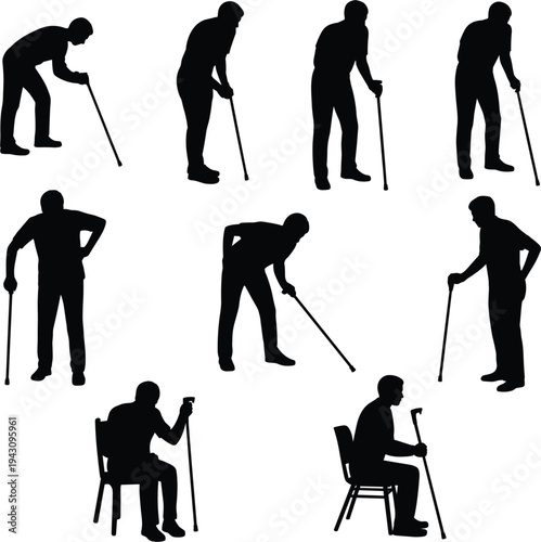 Silhouettes of elderly men with canes in different standing and sitting poses Keywords: elderly, men, silhouettes, canes, walking