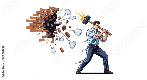 Man Breaking Wall with Sledgehammer.