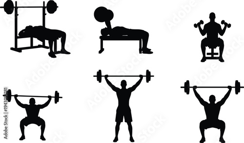 Silhouette collection of athletes performing weightlifting exercises including bench press, squats, overhead lifts, and dumbbell curls showcasing strength training and fitness workout techniques