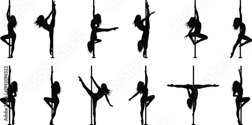 Silhouette collection of pole dancing poses showcasing strength, flexibility, and artistic movement on vertical pole, fitness exercise, acrobatic performance, dance sport illustration set