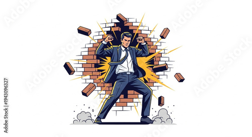Man Breaking Through Brick Wall.