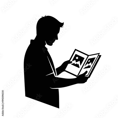 Father showing photo album silhouette on white background