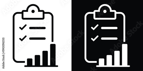 Clipboard checklist with a rising bar graph. Vector illustration for business analytics, performance tracking, data reports, and project management progress.