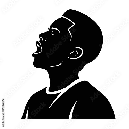 Teen singing loudly profile silhouette on white background