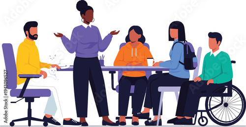 Diverse Team Collaboration Icon Set Featuring Business Meeting with Professionals and Wheelchair User in Office for Corporate and Inclusive Designs