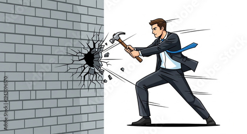 Man Breaking Through Brick Wall.