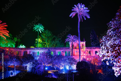 Nighttime Real Alcazar gardens with lit palms and palace facade in Seville, Spain. Towering palms and arches glow in pink, green, blue, and purple lights.