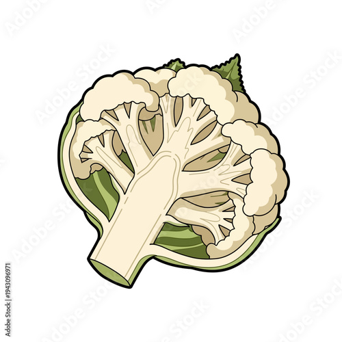 Detailed illustration of a cauliflower cut in half, revealing its internal structure, florets, and stem against a white background.