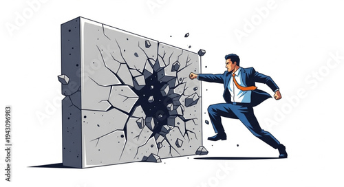 Man Breaking Through Concrete Wall.