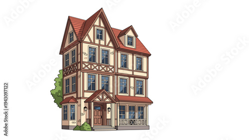 Beautiful three-story traditional half-timbered house features red roofs and many windows for a classic European architecture illustration.