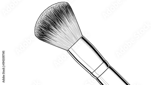 Detailed black and white line drawing of a large makeup powder brush shows fine bristles and a smooth handle for beauty and cosmetics themes.