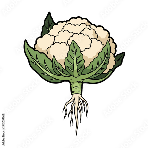 Cartoon illustration of a whole cauliflower with green leaves and visible roots on a white background.