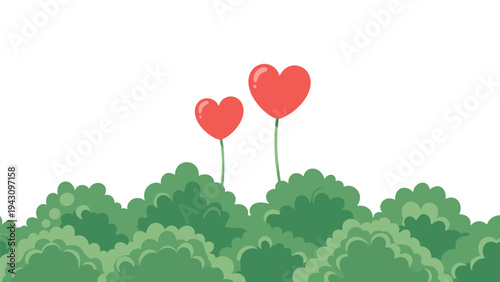 Two bright red heart-shaped flowers grow from a lush green bush for a romantic and sweet garden-themed illustration on a white background.
