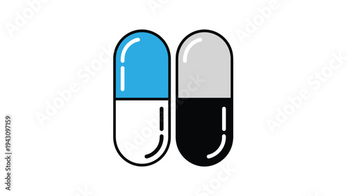 Two medical capsule pills in blue, white, and black colors are displayed against a clean background for healthcare or pharmacy concepts.