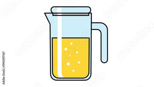 Simple glass pitcher with a lid and handle is filled with a bubbly yellow liquid like lemonade or juice in this clean graphic illustration.