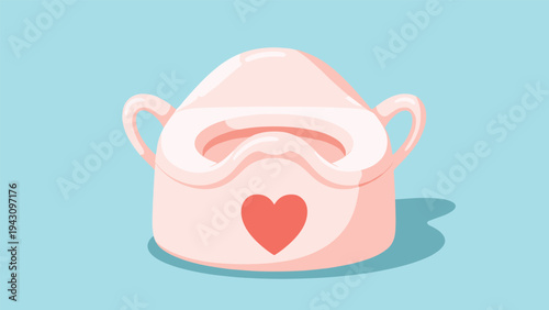 Cute pink baby potty chair features a large red heart on the front and is set against a solid blue background for childcare themes.