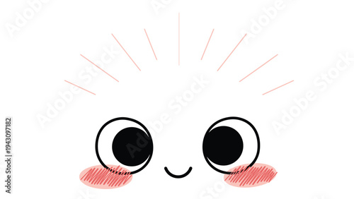 Adorable minimalist face features large black eyes, a small smile, rosy cheeks, and radiating light lines for a cheerful and happy character.