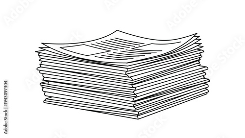 Simple black and white line drawing of a messy stack of paper documents or newspapers piled high on a white background.