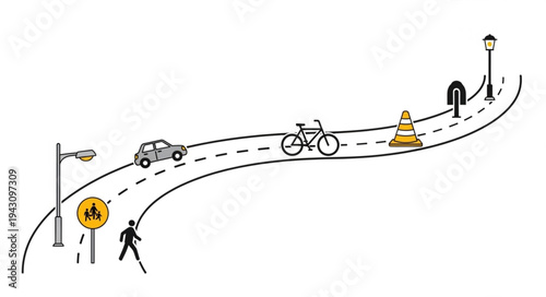 Roadway scene with pedestrian, car, bicycle, and traffic cone.