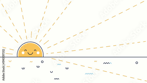 Cheerful cartoon sun character with a smiling face rising over a horizon line with dashed rays on a white background.