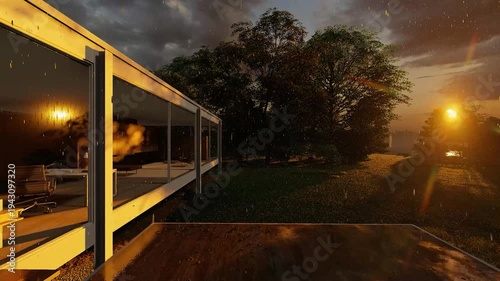 Modern glass house in forest with rain and sunset light