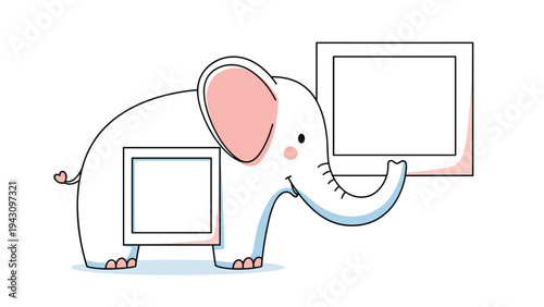 Cute white cartoon elephant with pink ears holding two blank square picture frames with its trunk on a white background.