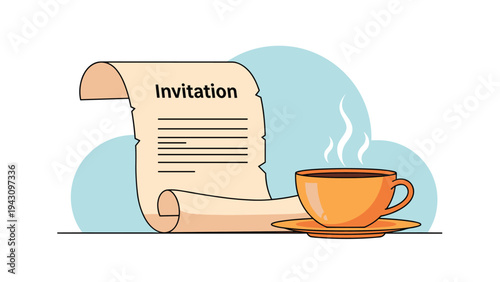 Elegant paper scroll with the word invitation written on it placed next to a steaming cup of coffee or tea on a saucer.